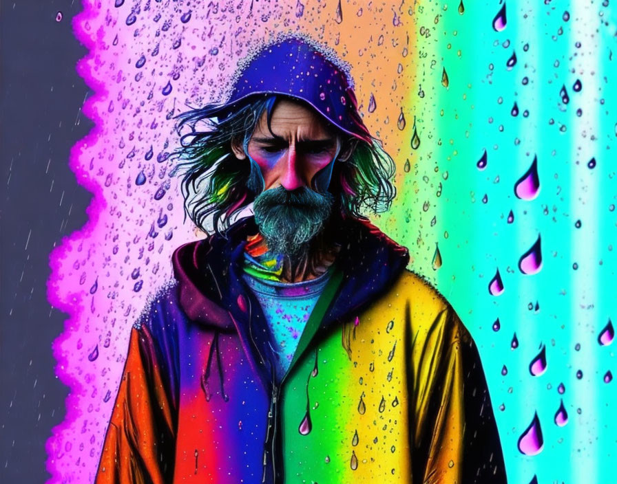 Bearded man with colorful paint on face and hoodie in rainbow-themed setting