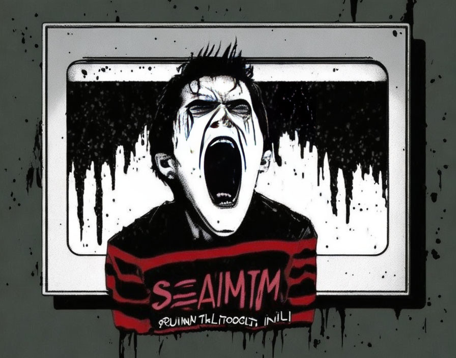 Illustration of screaming person with sound wave pattern on dark background