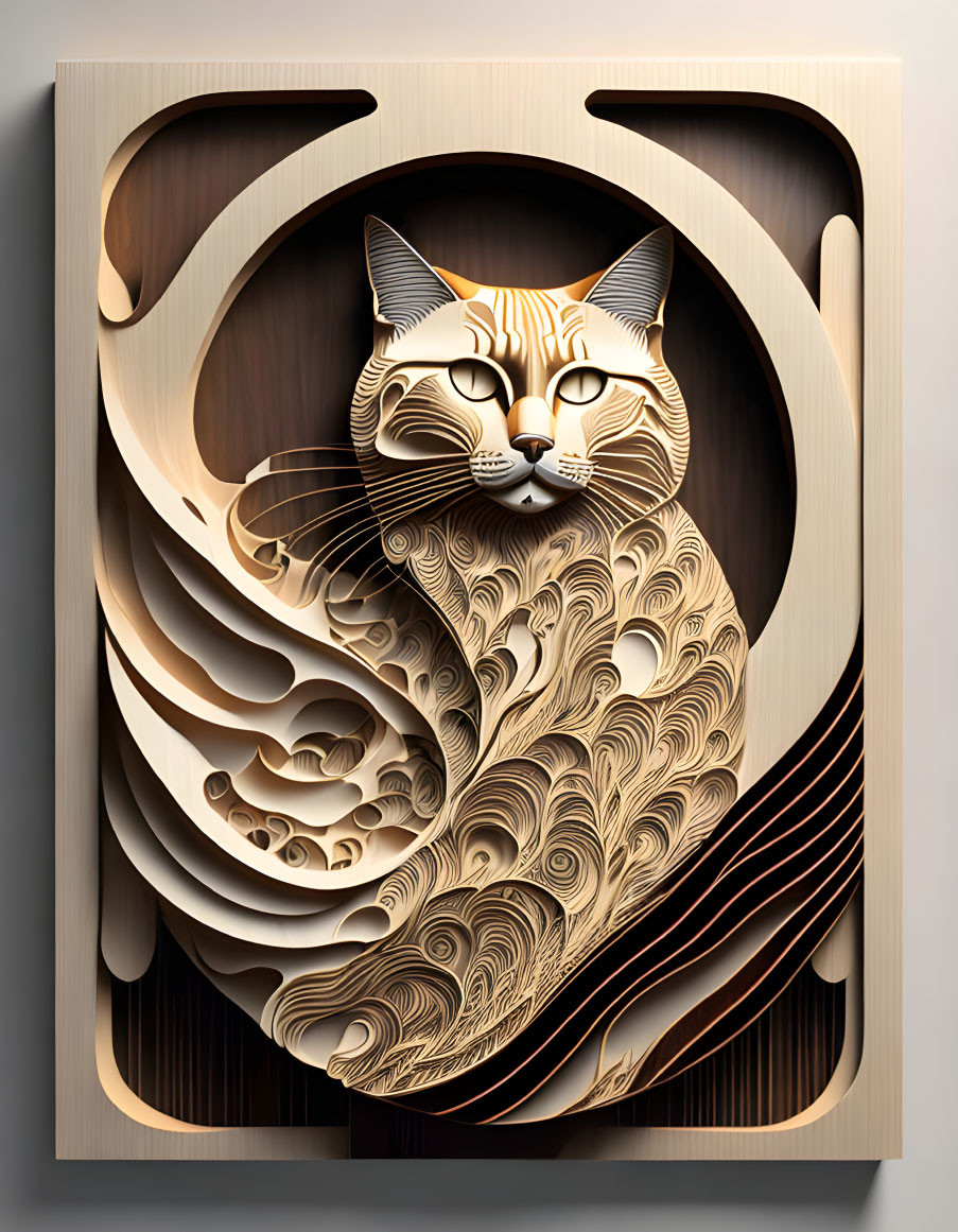 Stylized 3D tabby cat art in wooden frame with abstract patterns