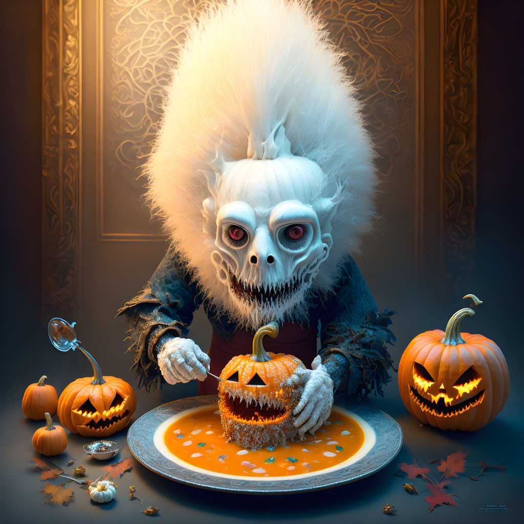 Fantasy skeleton creature carving pumpkin surrounded by jack-o'-lanterns and autumn leaves