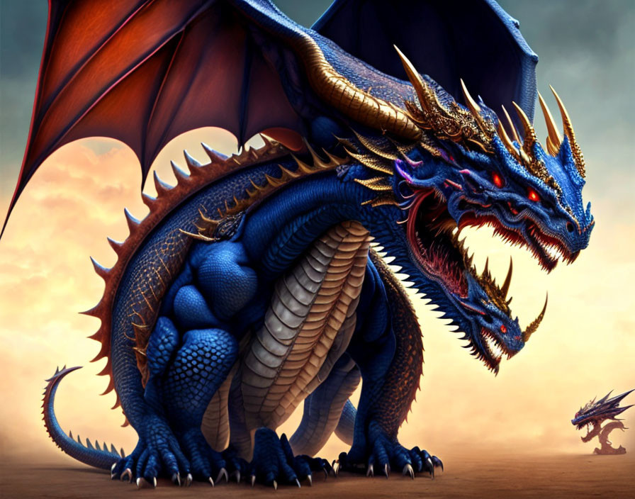 Blue multi-headed dragon with golden accents and wings, smaller dragon in background, against dusky sky.