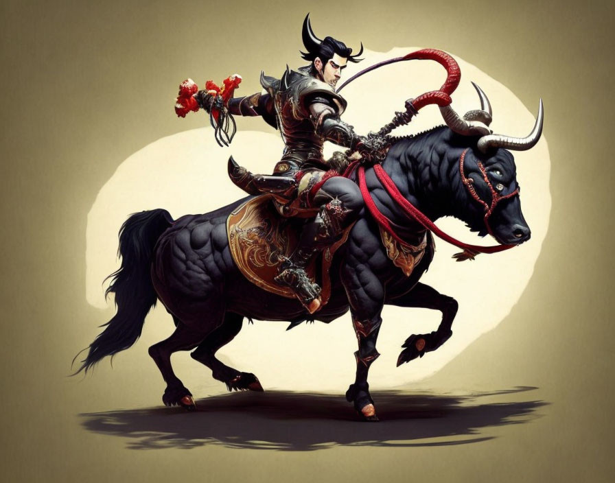 Illustrated warrior in ornate armor riding powerful bull in warm background