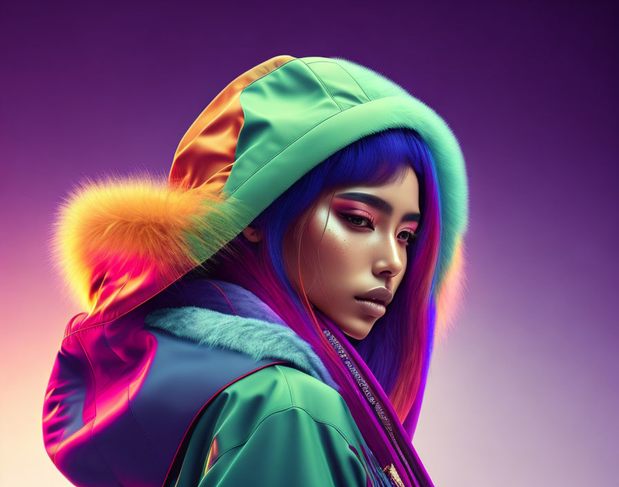 Person with Vibrant Blue Hair in Colorful Hooded Jacket on Purple Gradient Background