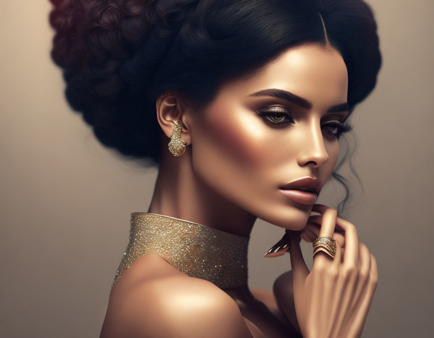 Sophisticated woman with updo, dramatic makeup, golden jewelry, and off-shoulder top