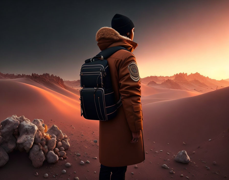 Winter-coated person in desert with backpack, facing dunes at dusk