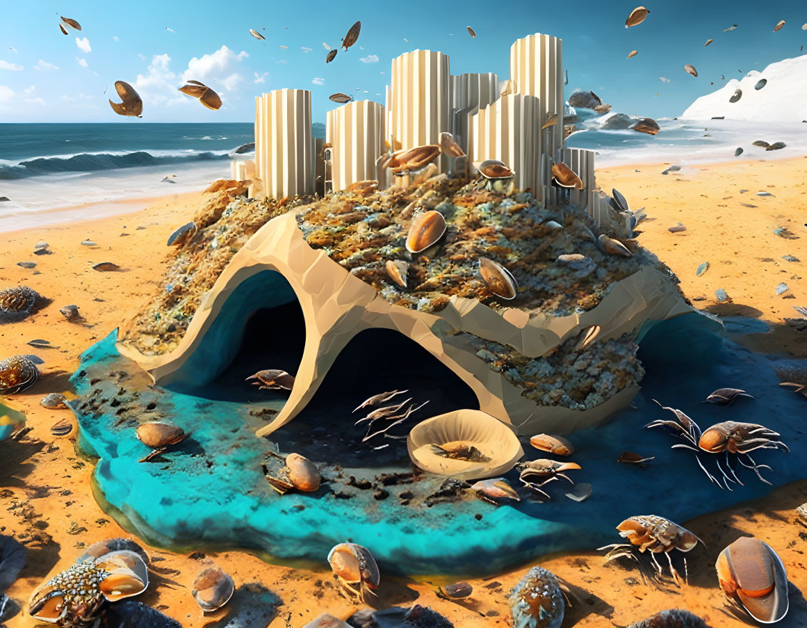 Surreal beach scene with crab-shell city, gold skyscrapers, coins, and crabs