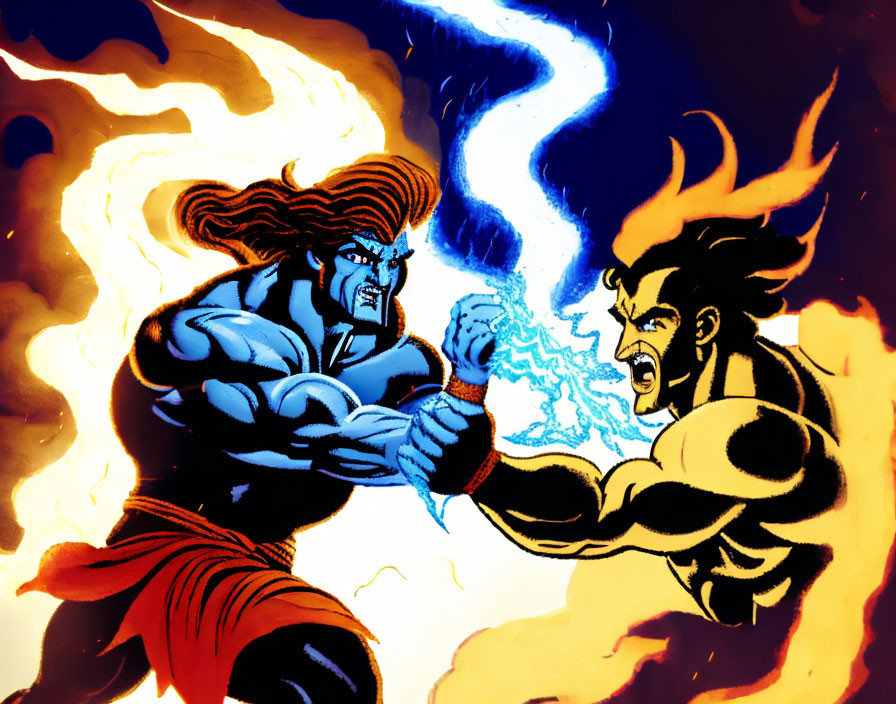 Muscular animated characters in intense battle with blue energy and orange flames.