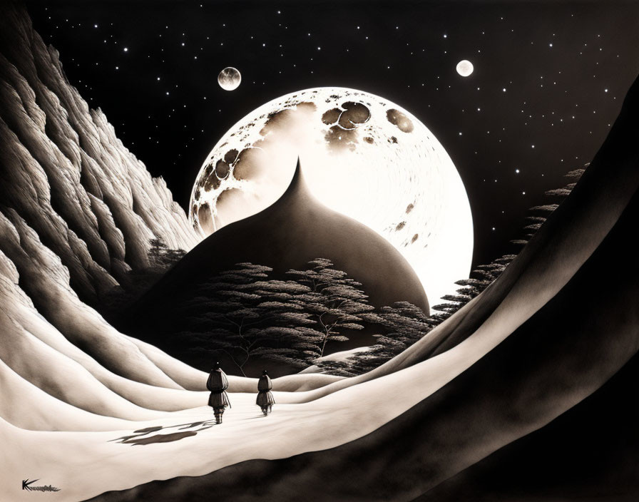 Surreal black and white illustration of people walking towards large moon