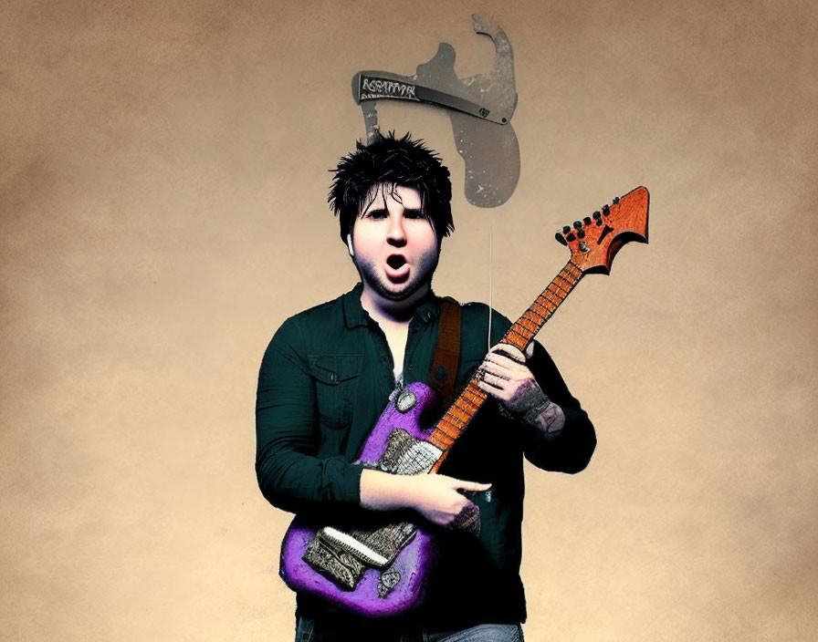 Disheveled person in green jacket playing purple electric guitar