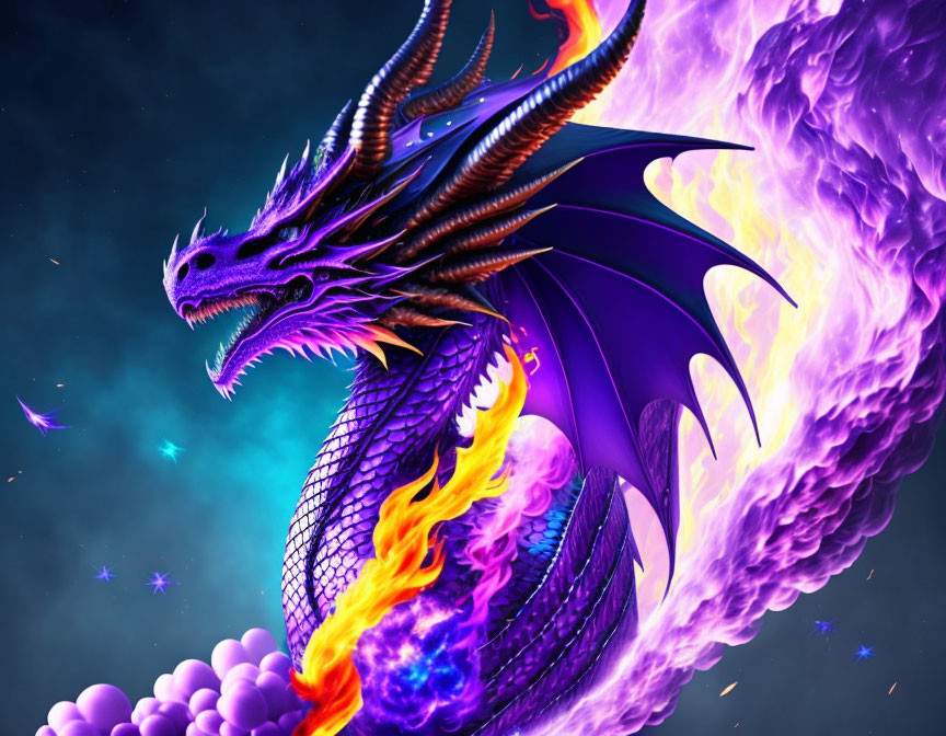 Purple Dragon Breathing Fire in Cosmic Scene