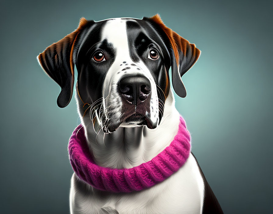 Black and White Dog in Pink Scarf on Teal Background