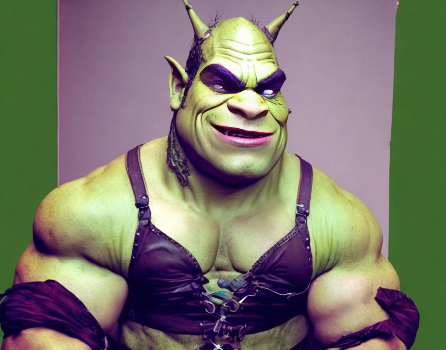 Green-skinned person in Shrek costume with pointed ears and horned headpiece posing.