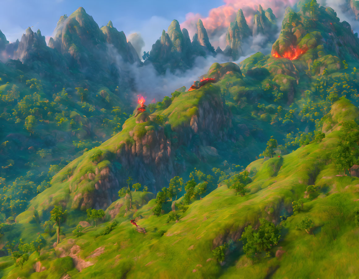 Lush green hills, misty mountains, and glowing lava pockets in vibrant landscape