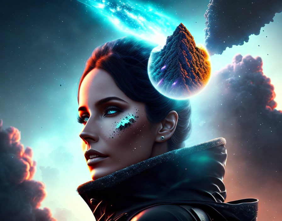 Digital artwork featuring cosmic woman with stars and galaxy background