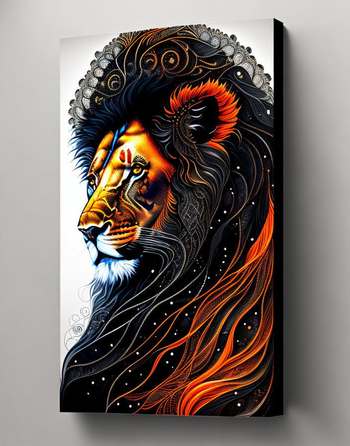 Colorful Lion Illustration with Cosmic Elements on Canvas