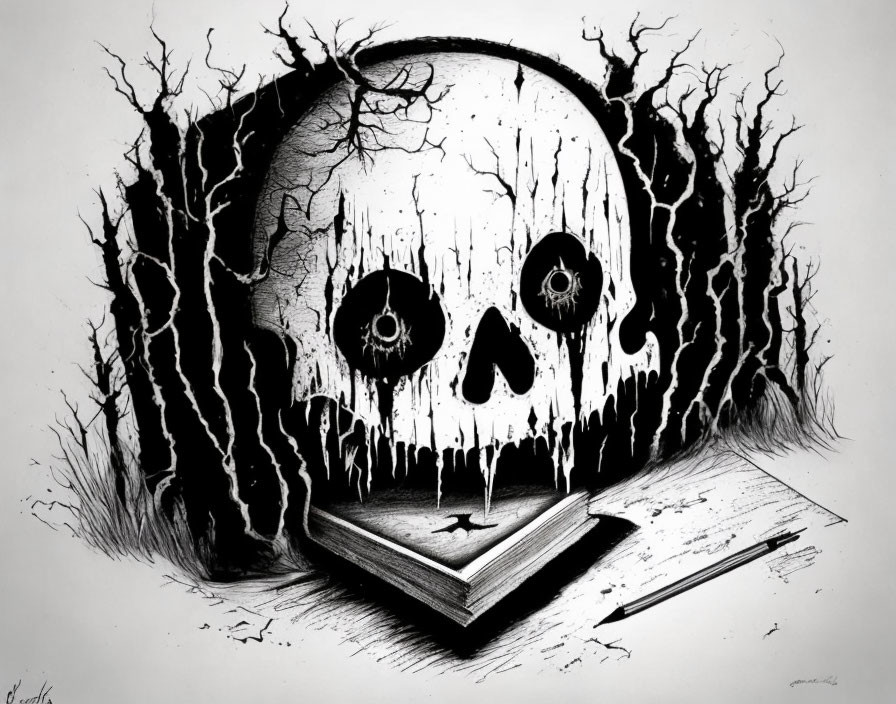 Monochrome skull sketch with dark eye sockets, framed by barren trees, open book, and quill