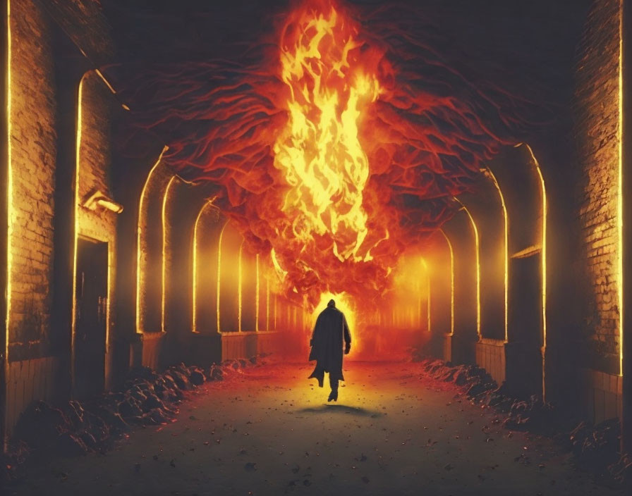 Silhouette walking towards fiery figure in illuminated brick tunnel