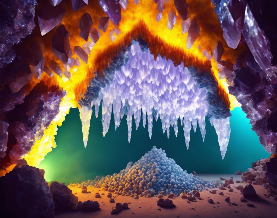 Vibrant Orange and Blue Crystal Formations in Subterranean Scene