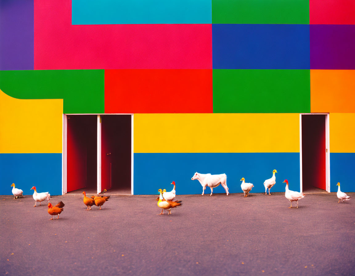 Ducks and goats pass by vibrant geometric mural on building wall