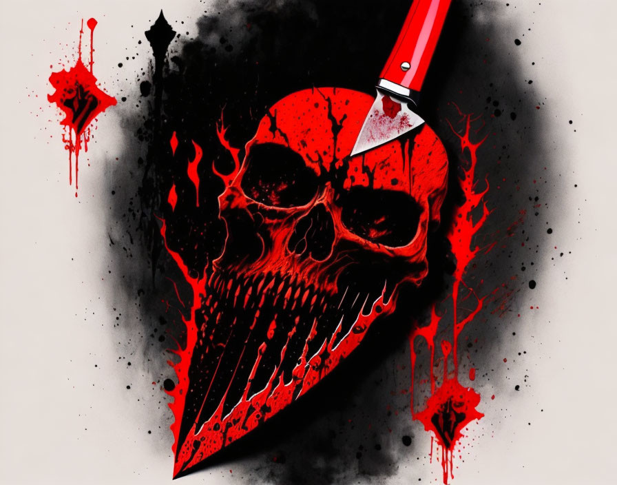 Stylized red-hued skull with knife and splatters on dark background