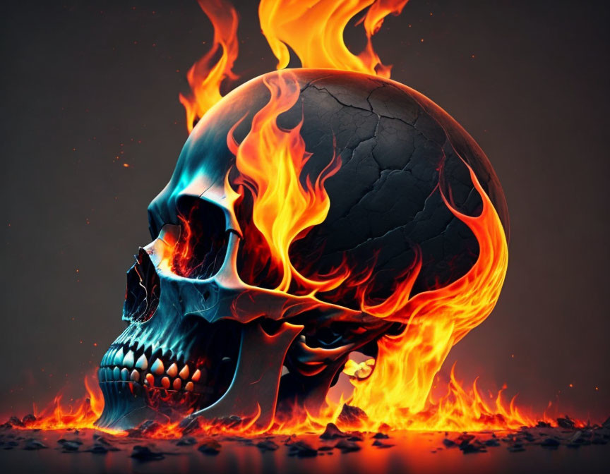 Skull engulfed in blue and orange flames on dark background