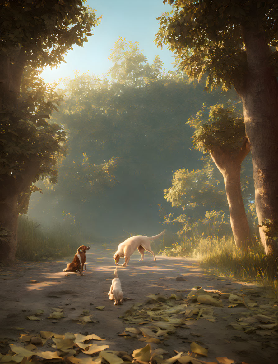 Three Dogs in Sunlit Forest Pathway with Fallen Leaves