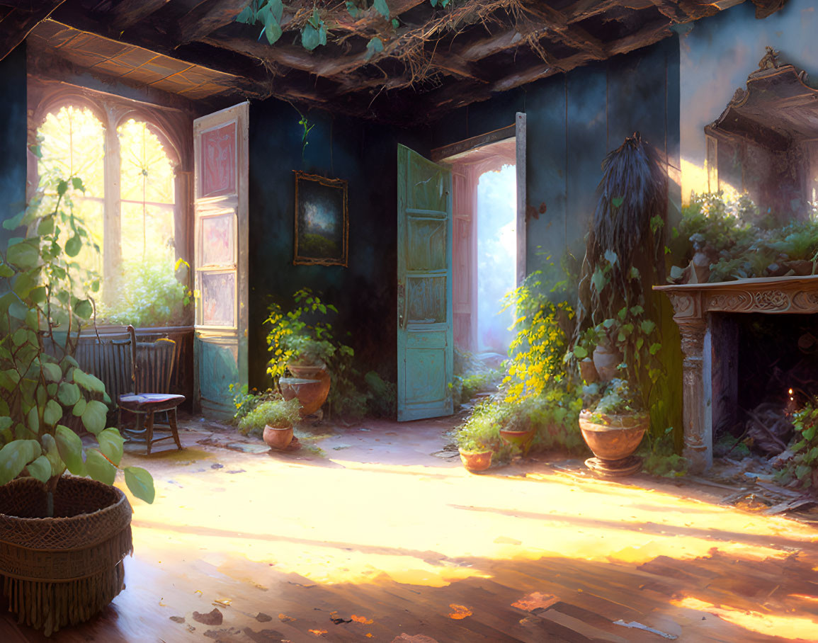 Sunlit abandoned room with overgrown plants, dusty fireplace, open door, and scattered furniture.