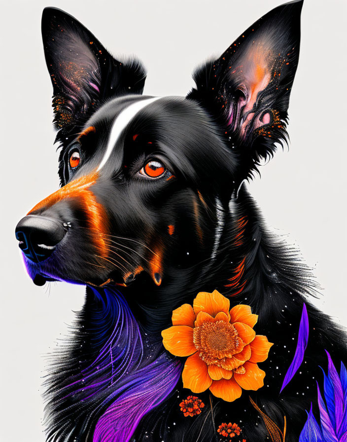 Colorful Artwork of Black Dog with Orange and Purple Tones