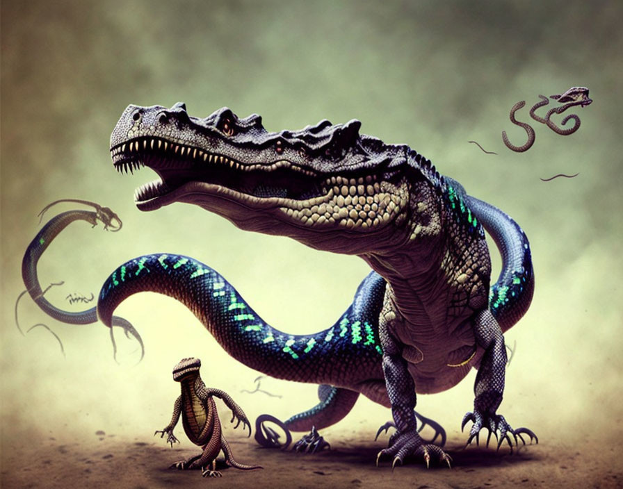 Fantastical glowing blue-patterned crocodile confronts smaller lizard