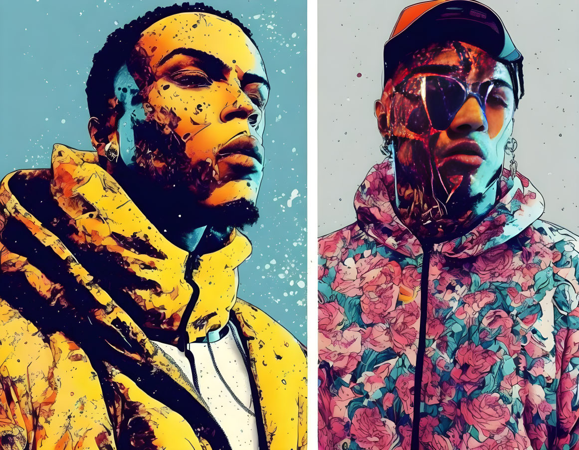 Stylized portraits of men in graphic effects on split background