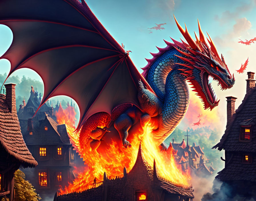 Blue dragon breathing fire over medieval village rooftops