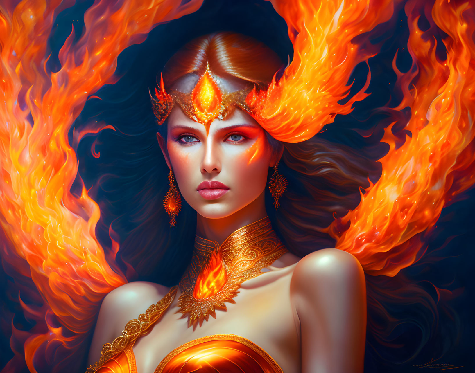 Fiery-haired woman adorned in golden jewelry with mystical and elegant aura.