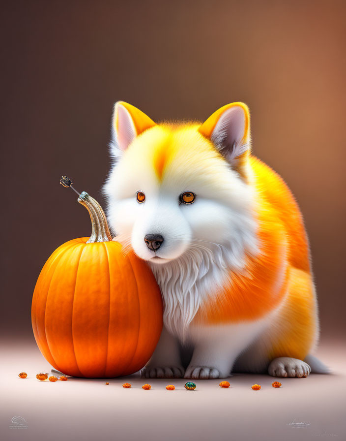 Whimsical fluffy dog with orange and white fur beside a pumpkin