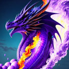 Purple Dragon Breathing Fire in Cosmic Scene