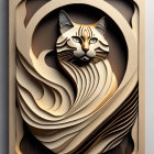 Stylized 3D tabby cat art in wooden frame with abstract patterns