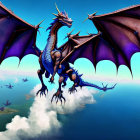 Purple-winged three-headed dragon flying above clouds with coastline below