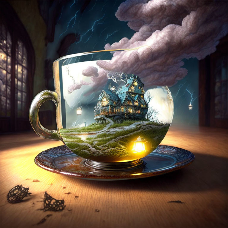 Surreal image: storm over haunted house in tea cup