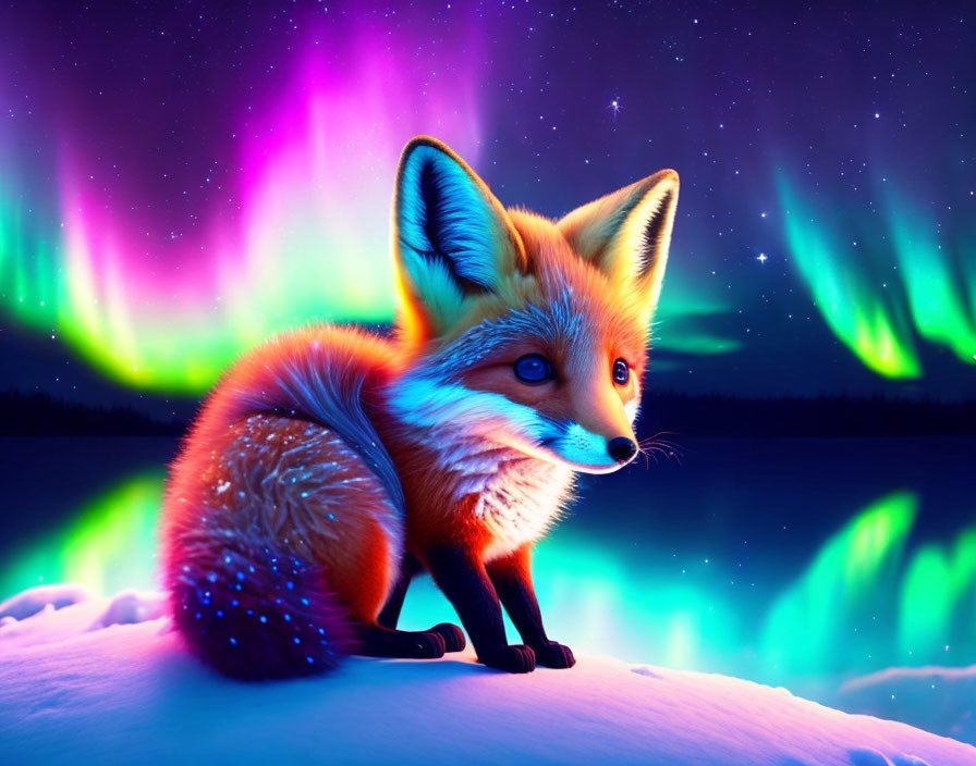 Colorful Fox in Snow under Northern Lights and Starry Sky