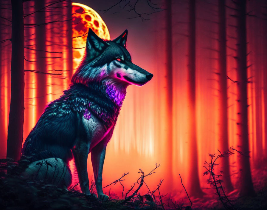 Neon-lit wolf in mystical forest with stylized moon