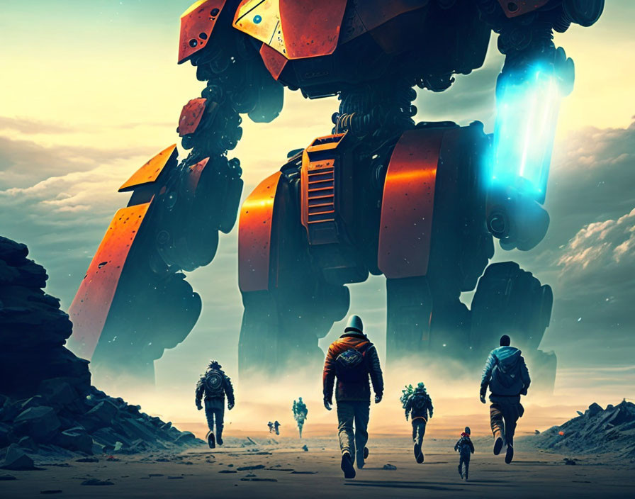 Group of People Approaching Giant Robot in Desert Landscape