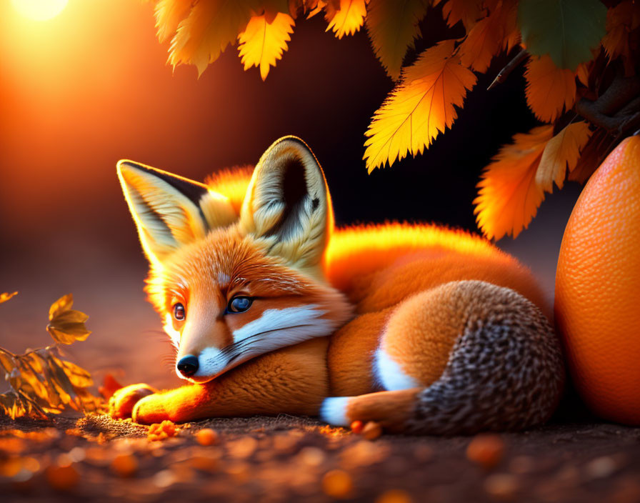 Fox resting among autumn leaves and pumpkins in golden sunlight