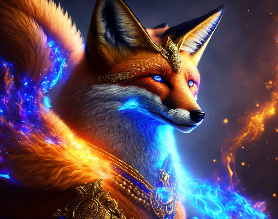 Majestic fiery fox with blue flames and golden jewelry