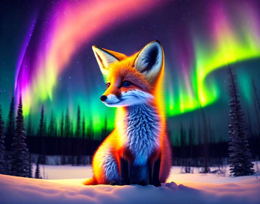 Red Fox in Snowy Landscape with Aurora Borealis