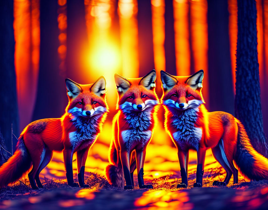 Three red foxes in mystical forest with orange glow.