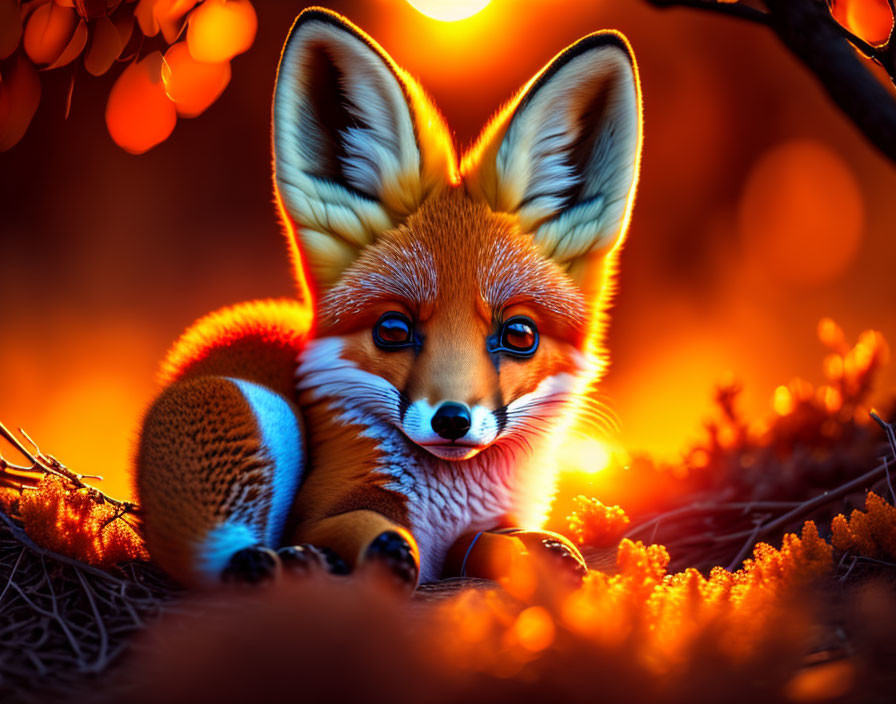 Colorful Fox Illustration with Expressive Eyes in Fiery Ambiance