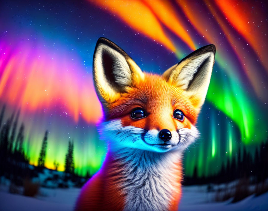 Colorful red fox illustration under northern lights in the night sky