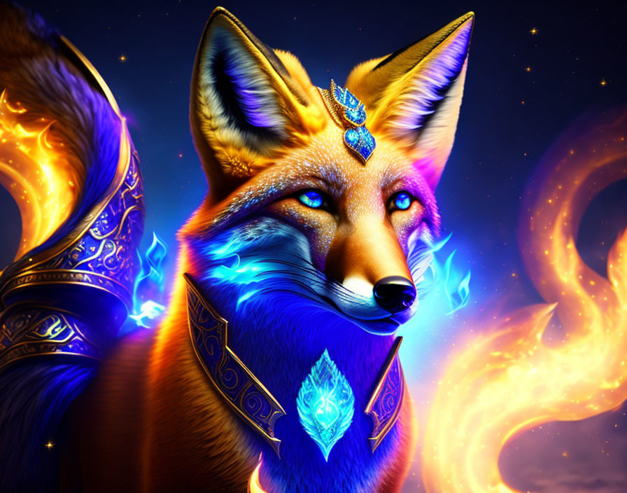 Mystical fox with blue jewels and armor in fiery night scene