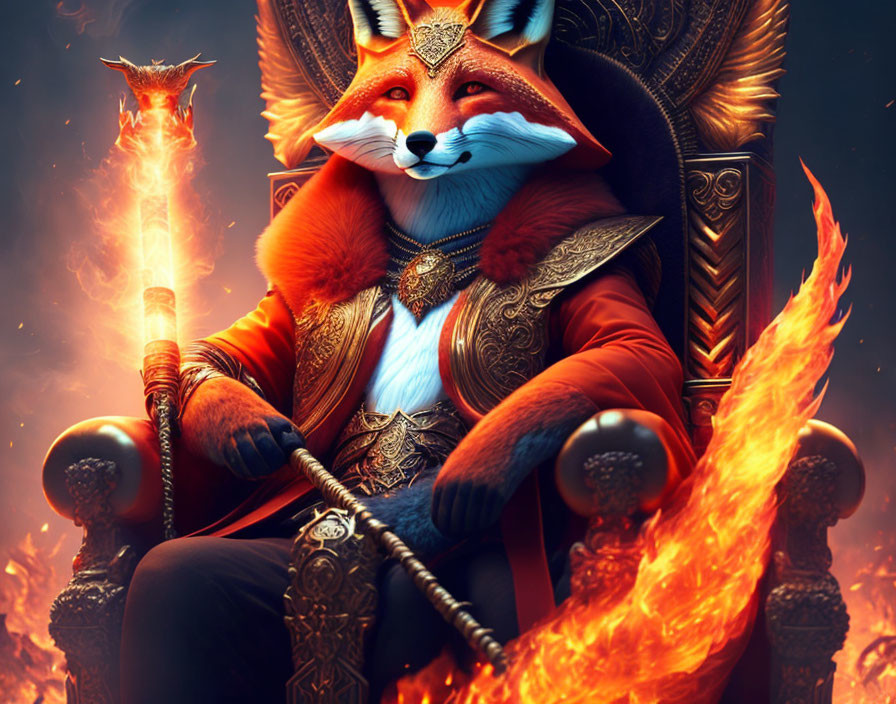 Anthropomorphic fox in ornate armor on throne with flaming staff