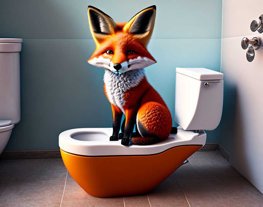 Cartoon fox on white toilet in bathroom with blue walls