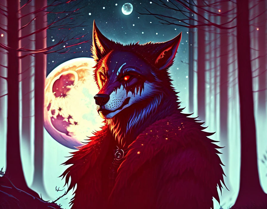 Red wolf illustration in mystical forest under moonlit sky